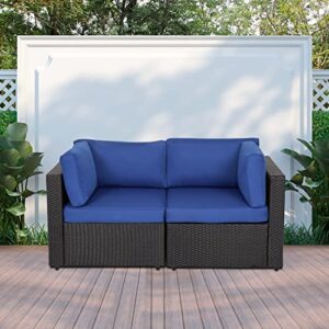 kinbor black wicker patio loveseat 2 pcs outdoor garden furniture set rattan corner sofa with thick dark blue cushions