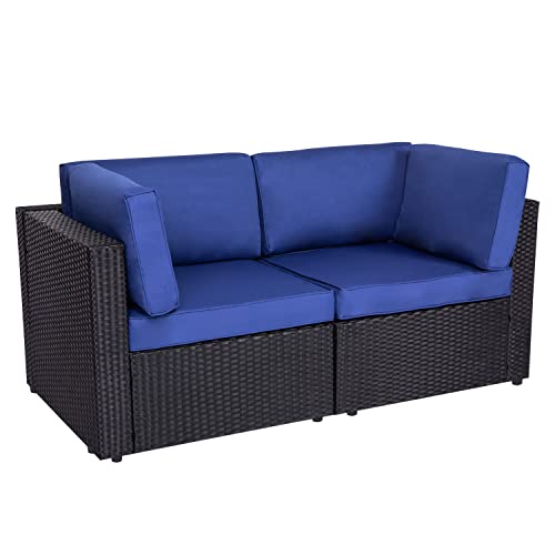 kinbor Black Wicker Patio Loveseat 2 PCS Outdoor Garden Furniture Set Rattan Corner Sofa with Thick Dark Blue Cushions