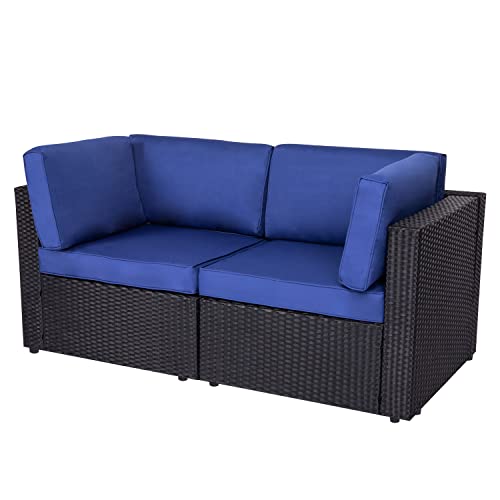 kinbor Black Wicker Patio Loveseat 2 PCS Outdoor Garden Furniture Set Rattan Corner Sofa with Thick Dark Blue Cushions