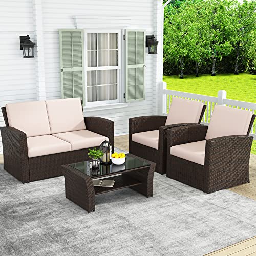 LayinSun 4 Piece Outdoor Patio Furniture Sets, Wicker Conversation Sets, Rattan Sofa Chair with Cushion for Backyard Lawn Garden (Brown)