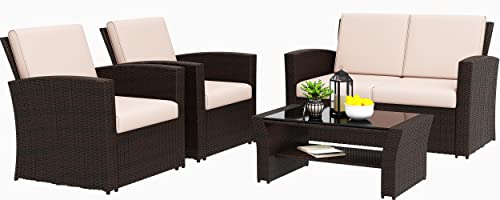 LayinSun 4 Piece Outdoor Patio Furniture Sets, Wicker Conversation Sets, Rattan Sofa Chair with Cushion for Backyard Lawn Garden (Brown)