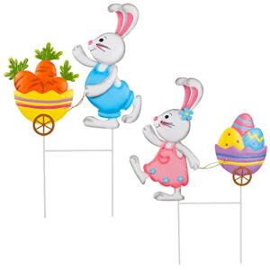 juegoal 2 pack easter garden stakes, metal easter bunny with egg and carrot wheel barrows yard signs, outdoor waterproof decorative rabbits eggs easter stakes for garden home lawn patio decorations