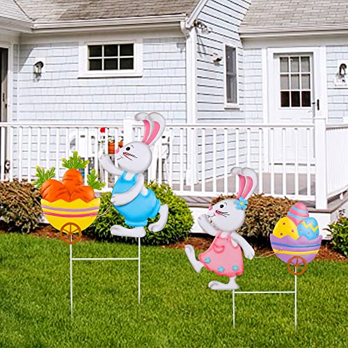 Juegoal 2 Pack Easter Garden Stakes, Metal Easter Bunny with Egg and Carrot Wheel Barrows Yard Signs, Outdoor Waterproof Decorative Rabbits Eggs Easter Stakes for Garden Home Lawn Patio Decorations