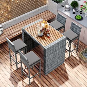 quarte modern 5-piece outdoor patio dining set, garden pe rattan wicker bar set, 4 bar height chairs with non-slip feet and fixed rope, acacia wood table top