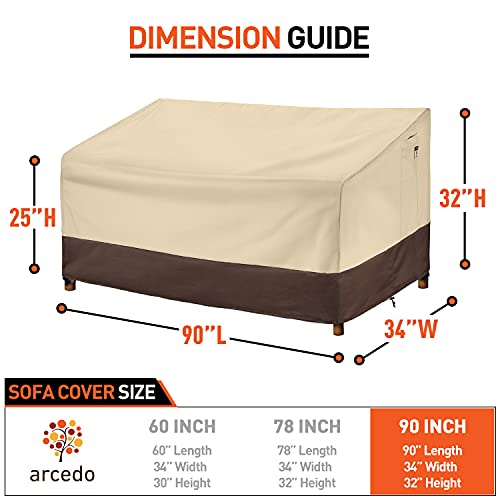 Arcedo Outdoor Sofa Cover, Heavy Duty Waterproof Patio Oversized Sectional Cover for 3-Seater Couch, Large Durable Garden Furniture Bench Cover with Air Vent, 90” x 34” x 32”, Beige & Brown