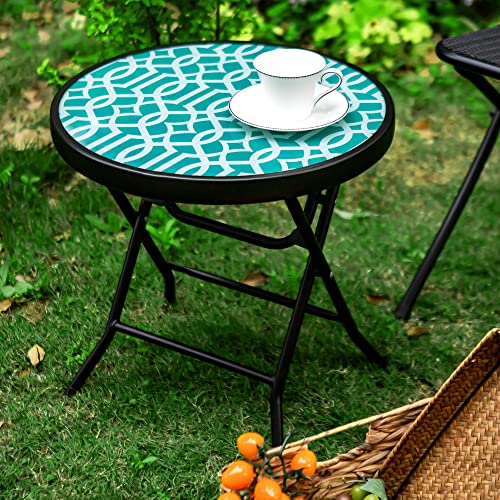 Captiva Designs Outdoor Side Tables-Foldable Patio Side Table with Tempered Glass Table Top and High-Strength Thickened Iron Pipe Bracket for Living Room,Sofa,Bedroom and Garden,1 Pack,Green