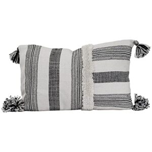 foreside home & garden black striped woven 14×22 outdoor decorative throw pillow with hand tied tassels, 22 x 14 x 5