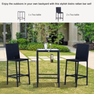 outsunny 3pcs rattan bar set with glass top table, 2 bar stools for outdoor, patio, garden, poolside, backyard