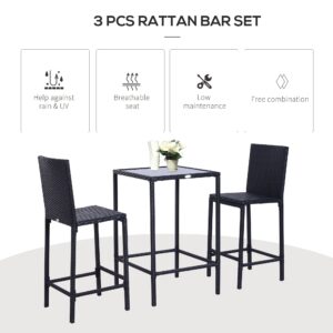 Outsunny 3pcs Rattan Bar Set with Glass Top Table, 2 Bar Stools for Outdoor, Patio, Garden, Poolside, Backyard