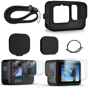 fitstill silicone rubber case+2-pack (6pcs) tempered glass protector compatible for go pro hero11 / hero10 / hero9 black,soft sleeve cage housing with lens cover cap lanyard accessories bundle kit