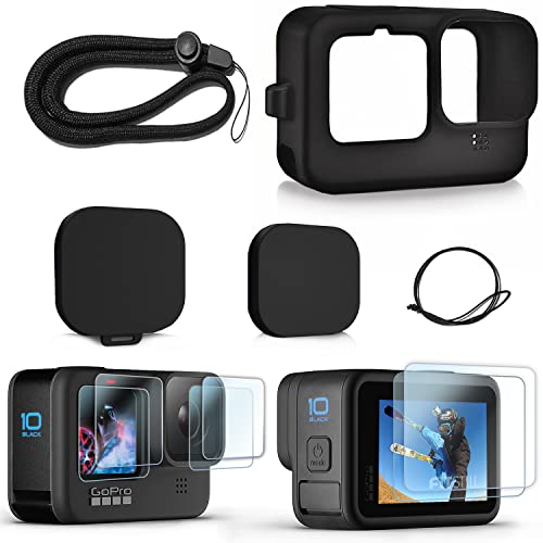 FitStill Silicone Rubber Case+2-Pack (6pcs) Tempered Glass Protector Compatible for Go Pro Hero11 / Hero10 / Hero9 Black,Soft Sleeve Cage Housing with Lens Cover Cap Lanyard Accessories Bundle Kit