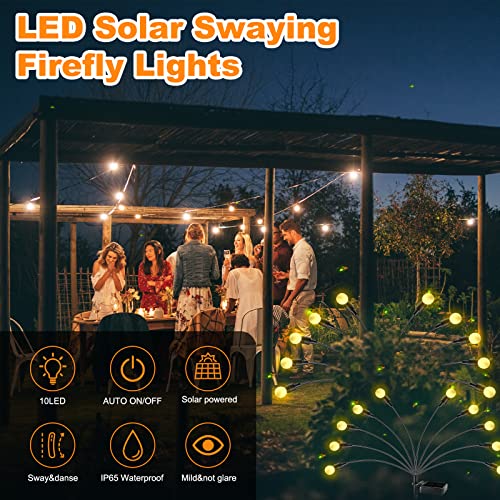 Fymblin 10LED Solar Garden Lights, Solar Firefly Lights Outdoor Waterproof, Swaying Solar Outdoor Lights, Solar Garden Decorative Lights for Pathway Yard Patio Decoration Landscape-2Pack