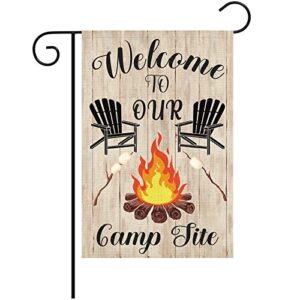 louise maelys spring summer camper camping garden flag for campsite vertical 12×18 double sided, welcome to our camp site small camping flags outdoor fire pit camper camping campsite decoration (only flag)