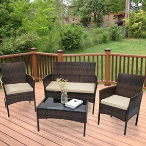 patio furniture sets, 4 pieces porch backyard garden outdoor conversation furniture rattan chairs and table wicker set with beige cushions (brown/beige)