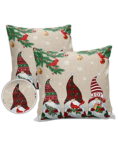 Christmas Gnomes Outdoor Pillow Covers 16 x 16 Inches, Winter Snowflake Waterproof Throw Pillow Cover Set of 2, Xmas Balls Pine Cone Home Decorative Square Cushion Covers for Patio/Tent/Couch/Garden