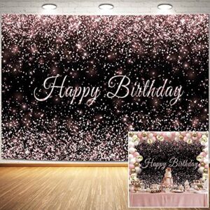 Haboke 7x5ft Durable Fabric Happy Birthday Backdrop Pink and Black Shiny Gold dot Glamour Sparkle Sweet Photography Background for Kids Adults Birthday Party Decorations Supplies Photo Studio Props …