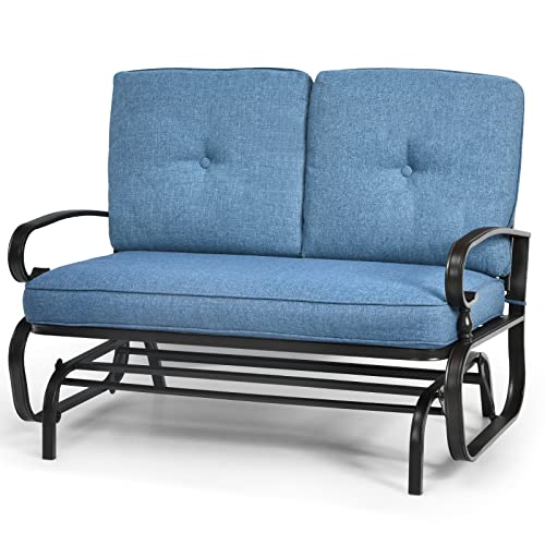 Tangkula Outdoor Swing Glider Chair, Patio Glider Bench for 2 Persons, Outdoor Rocking Loveseat with Steel Frame & Comfortable Cushions for Garden, Porch, Balcony, Poolside (Blue)