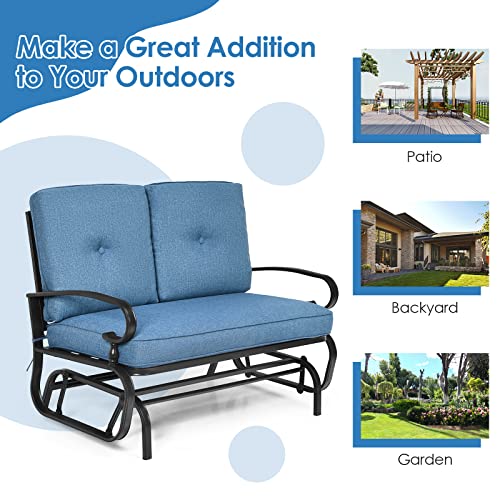 Tangkula Outdoor Swing Glider Chair, Patio Glider Bench for 2 Persons, Outdoor Rocking Loveseat with Steel Frame & Comfortable Cushions for Garden, Porch, Balcony, Poolside (Blue)