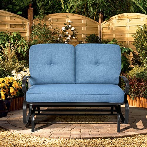 Tangkula Outdoor Swing Glider Chair, Patio Glider Bench for 2 Persons, Outdoor Rocking Loveseat with Steel Frame & Comfortable Cushions for Garden, Porch, Balcony, Poolside (Blue)