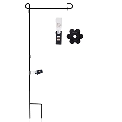 ANLEY Garden Flag Stand - Upgraded Version Reinforced Wrought Iron Garden Flag Pole Holder - Weather Resistant & Easy Assemble & Black Matte Coating - FREE Flag Stopper & Alligator Clip - H37" x W14"