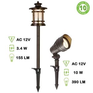 8 Pack Low Voltage LED Landscape Kits, 12V Pathway Flood Light Kits, 10W 390LM and 3.4W 155LM Wired for Outdoor Yard Lawn, Die-cast Aluminum, 50W and 30W Equivalent 15-Year Lifespan