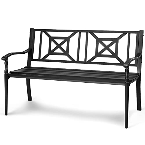 Tangkula Outdoor Garden Bench Park Bench, Patio Steel Bench Chair with Rustproof Frame, Heavy Duty Loveseat Bench for 2-3 People, Deck Bench Chair, Ideal for Garden, Balcony, Lawn, Porch, Park