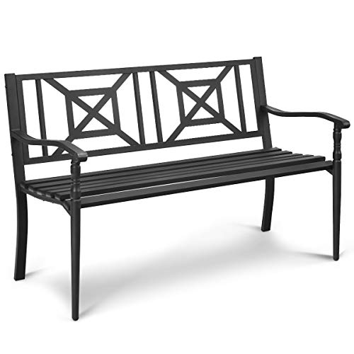 Tangkula Outdoor Garden Bench Park Bench, Patio Steel Bench Chair with Rustproof Frame, Heavy Duty Loveseat Bench for 2-3 People, Deck Bench Chair, Ideal for Garden, Balcony, Lawn, Porch, Park