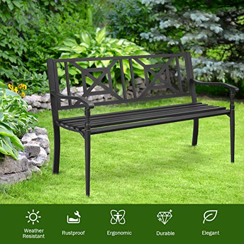 Tangkula Outdoor Garden Bench Park Bench, Patio Steel Bench Chair with Rustproof Frame, Heavy Duty Loveseat Bench for 2-3 People, Deck Bench Chair, Ideal for Garden, Balcony, Lawn, Porch, Park