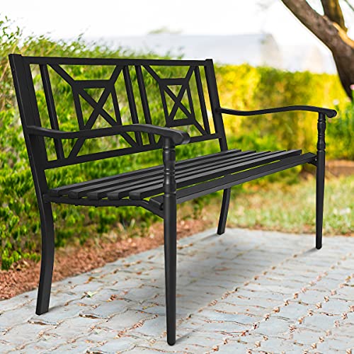 Tangkula Outdoor Garden Bench Park Bench, Patio Steel Bench Chair with Rustproof Frame, Heavy Duty Loveseat Bench for 2-3 People, Deck Bench Chair, Ideal for Garden, Balcony, Lawn, Porch, Park