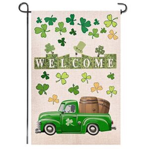 shmbada st patrick’s day burlap garden flag, double sided outdoor lawn yard home decoration small flag irish shamrock clover banner holiday green truck party beer accessories decor, 12.5″ x 18.5″