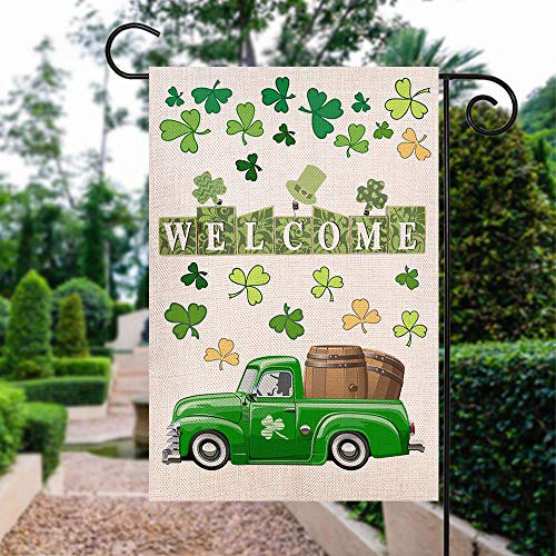 Shmbada St Patrick's Day Burlap Garden Flag, Double Sided Outdoor Lawn Yard Home Decoration Small Flag Irish Shamrock Clover Banner Holiday Green Truck Party Beer Accessories Decor, 12.5" x 18.5"