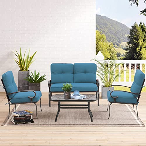 SUNCROWN 4 Pieces Outdoor Metal Furniture Patio Conversation Set Loveseat, 2 Dining Chairs and Coffee Table for Lawn Front Porch Garden, Blue Cushions