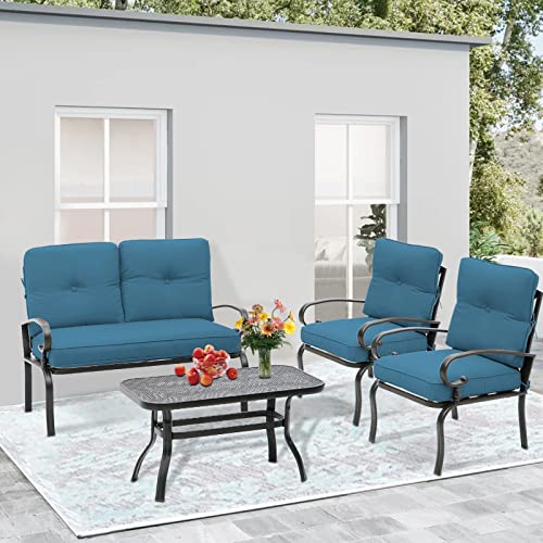 SUNCROWN 4 Pieces Outdoor Metal Furniture Patio Conversation Set Loveseat, 2 Dining Chairs and Coffee Table for Lawn Front Porch Garden, Blue Cushions