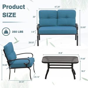 SUNCROWN 4 Pieces Outdoor Metal Furniture Patio Conversation Set Loveseat, 2 Dining Chairs and Coffee Table for Lawn Front Porch Garden, Blue Cushions