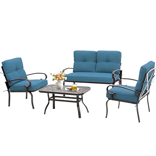 SUNCROWN 4 Pieces Outdoor Metal Furniture Patio Conversation Set Loveseat, 2 Dining Chairs and Coffee Table for Lawn Front Porch Garden, Blue Cushions