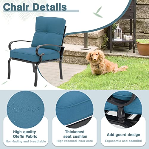 SUNCROWN 4 Pieces Outdoor Metal Furniture Patio Conversation Set Loveseat, 2 Dining Chairs and Coffee Table for Lawn Front Porch Garden, Blue Cushions