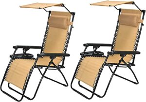 btexpert cc5044bg-2 zero gravity chair lounge outdoor pool patio beach yard garden sunshade utility tray cup holder beige two case pack (set of 2 pcs), piece, tan with canopy