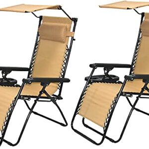 BTEXPERT CC5044BG-2 Zero Gravity Chair Lounge Outdoor Pool Patio Beach Yard Garden Sunshade Utility Tray Cup Holder Beige Two Case Pack (Set of 2 pcs), Piece, Tan with Canopy