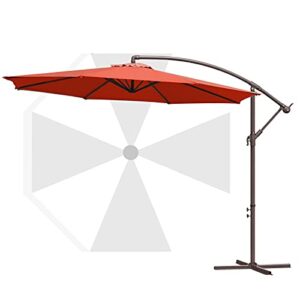 Jardin-Monde 10 FT Patio Umbrella Deluxe - Outdoor Deck Cantilever Umbrella, Hanging Market Offset Umbrella for Backyard Garden Poolside Lawn, Crank Lift & Cross Base, 8 Ribs - PS300-RED