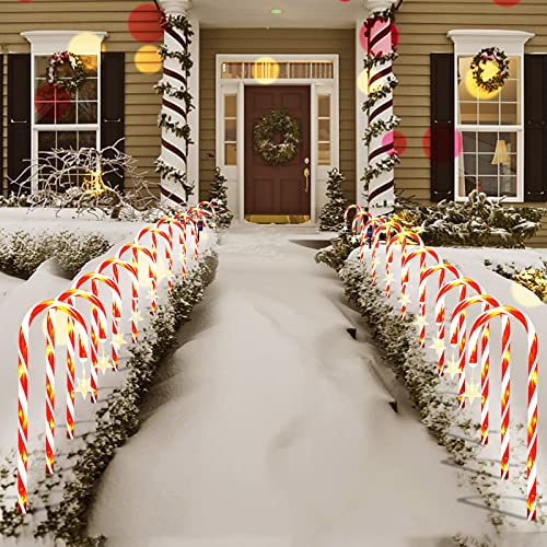 PLTCAT 10 Pack Christmas Candy Cane Lights with Hanging Star, 21 Inch Solar Christmas Pathway Makers, LED Stake Lights Waterproof for Xmas Indoor Outdoor Yard, Garden Decorations