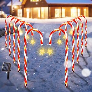 pltcat 10 pack christmas candy cane lights with hanging star, 21 inch solar christmas pathway makers, led stake lights waterproof for xmas indoor outdoor yard, garden decorations