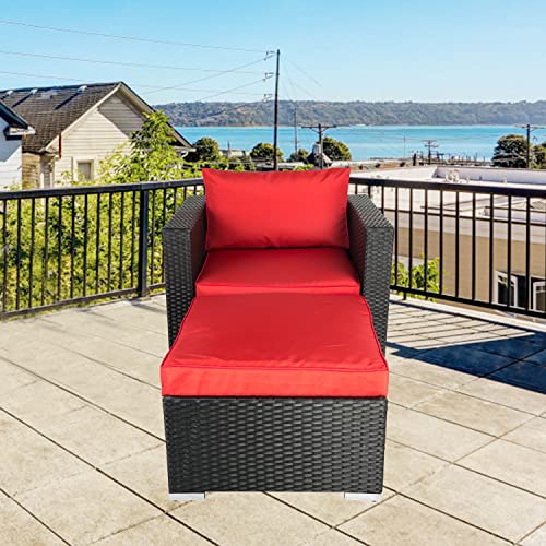 kinbor Patio Furniture Set, PE Rattan Chair with Ottoman and Cushions for Outdoor Balcony Porch Deck