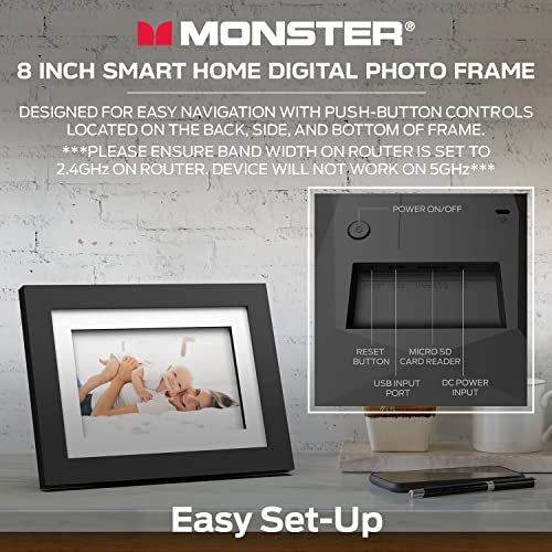 Monster Smart Home 16 GB Digital Photo Frame, High Definition 1280p Smart Picture Frame- 8 inch