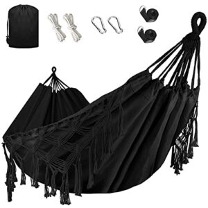 bellzacasa double hammock, heavy duty 500 lb load capacity tassels and fishtail knitting with mounting straps for outdoor camping patio balcony black