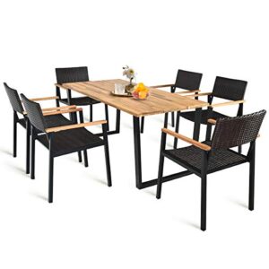 happygrill 7pcs patio dining set outdoor dining furniture set with rectangle table, wicker chairs, acacia wood tabletop with umbrella hole, natural design conversation set for garden backyard