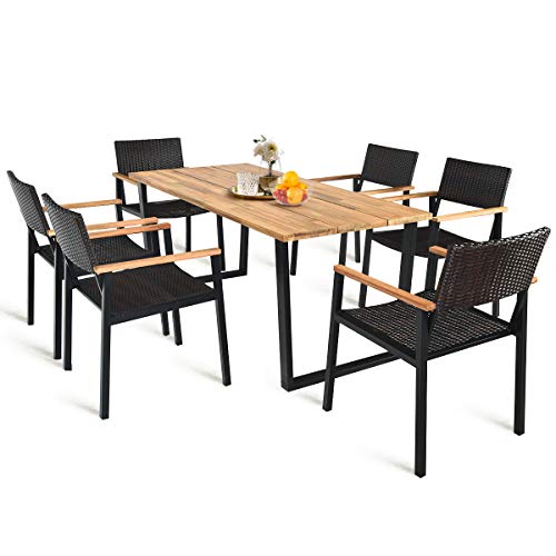 HAPPYGRILL 7PCS Patio Dining Set Outdoor Dining Furniture Set with Rectangle Table, Wicker Chairs, Acacia Wood Tabletop with Umbrella Hole, Natural Design Conversation Set for Garden Backyard