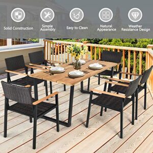 HAPPYGRILL 7PCS Patio Dining Set Outdoor Dining Furniture Set with Rectangle Table, Wicker Chairs, Acacia Wood Tabletop with Umbrella Hole, Natural Design Conversation Set for Garden Backyard