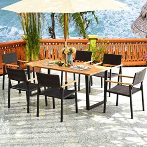 HAPPYGRILL 7PCS Patio Dining Set Outdoor Dining Furniture Set with Rectangle Table, Wicker Chairs, Acacia Wood Tabletop with Umbrella Hole, Natural Design Conversation Set for Garden Backyard