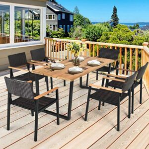 HAPPYGRILL 7PCS Patio Dining Set Outdoor Dining Furniture Set with Rectangle Table, Wicker Chairs, Acacia Wood Tabletop with Umbrella Hole, Natural Design Conversation Set for Garden Backyard