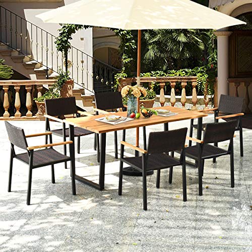 HAPPYGRILL 7PCS Patio Dining Set Outdoor Dining Furniture Set with Rectangle Table, Wicker Chairs, Acacia Wood Tabletop with Umbrella Hole, Natural Design Conversation Set for Garden Backyard